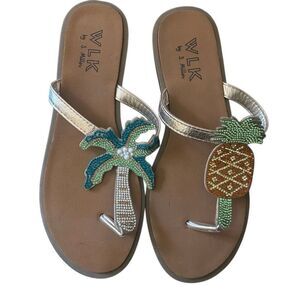 WLK by S. Miller palm tree pineapple bling flat thong size 7